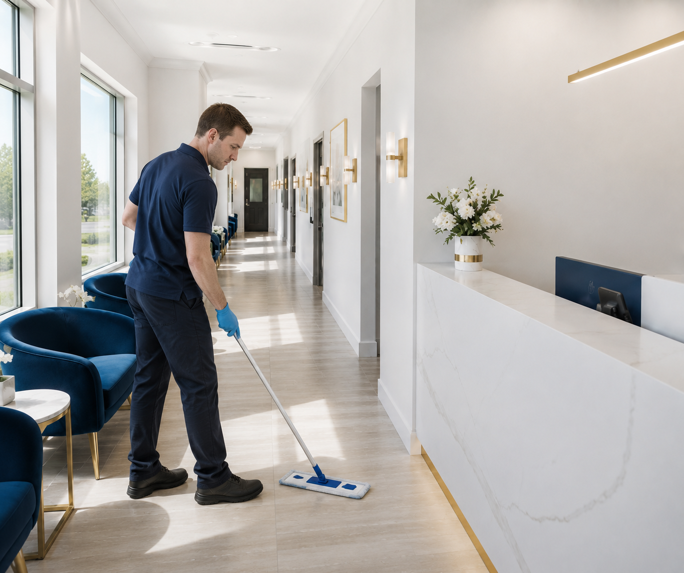 Vantage Facility Services cleaner mopping a professional office hallway